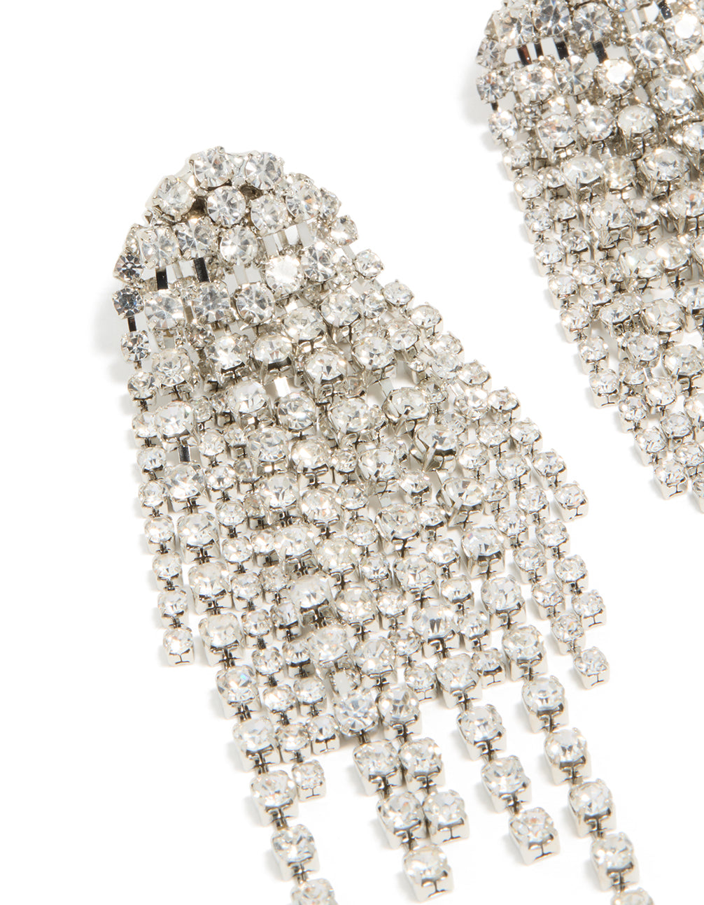 Designed with silver diamante dazzle tassel drop earrings featuring statement style close up view