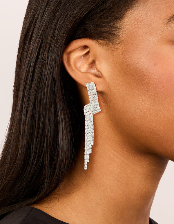 Silver Diamante Shiny Zigzag Drop Earrings