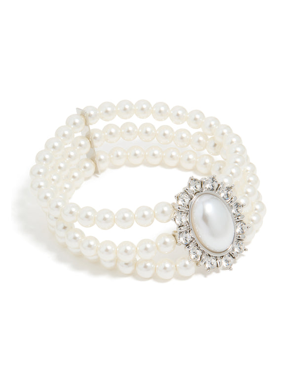 Silver Diamante & Pearl Layered Bracelet