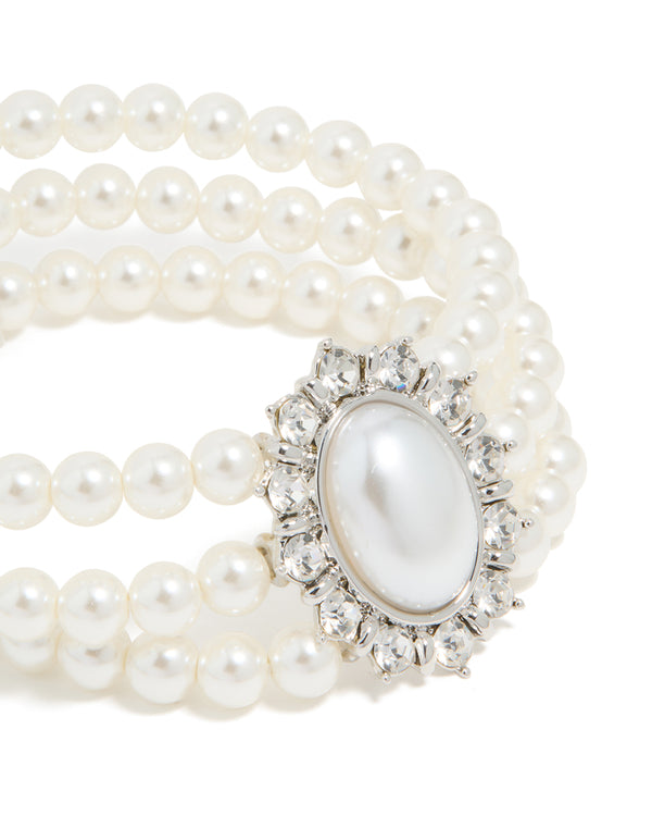 Silver Diamante & Pearl Layered Bracelet