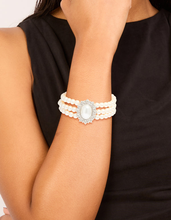 Silver Diamante & Pearl Layered Bracelet