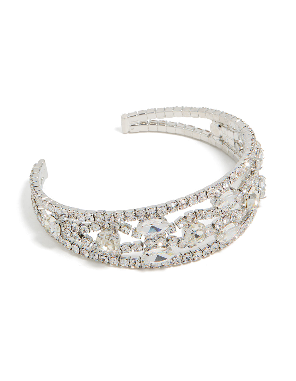 Beautifully crafted silver diamantes fancy wrist cuff bangle in front view