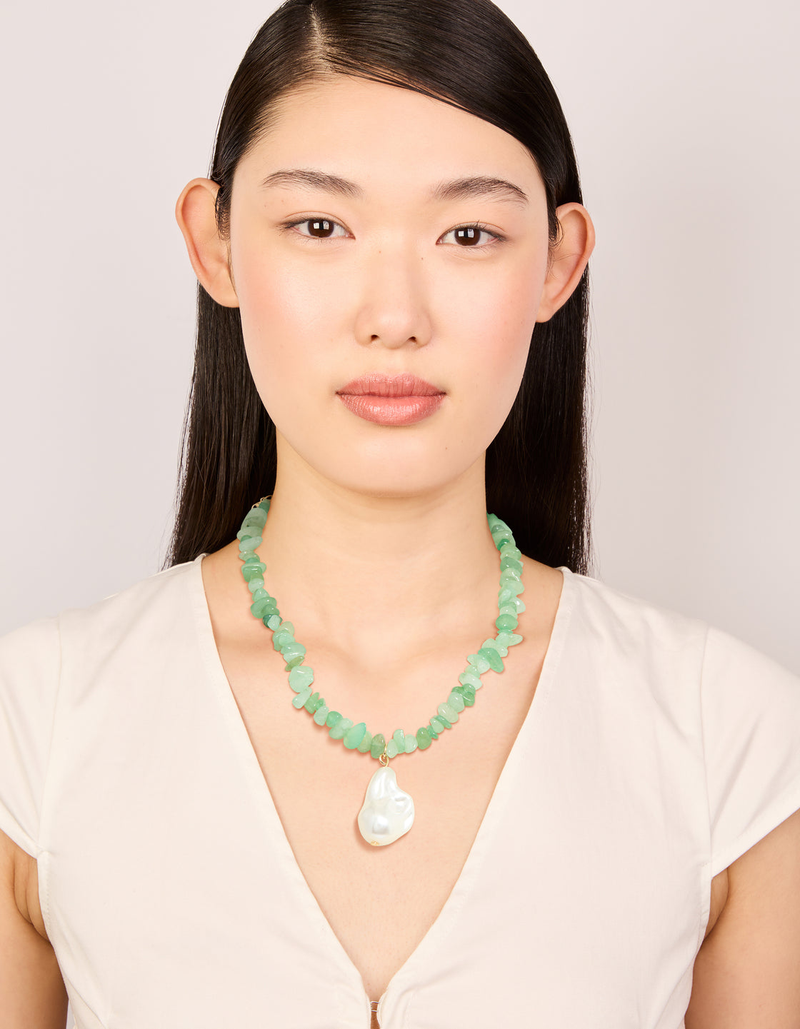 Gold Green Semi Precious Chip & Molten Pearl Necklace
