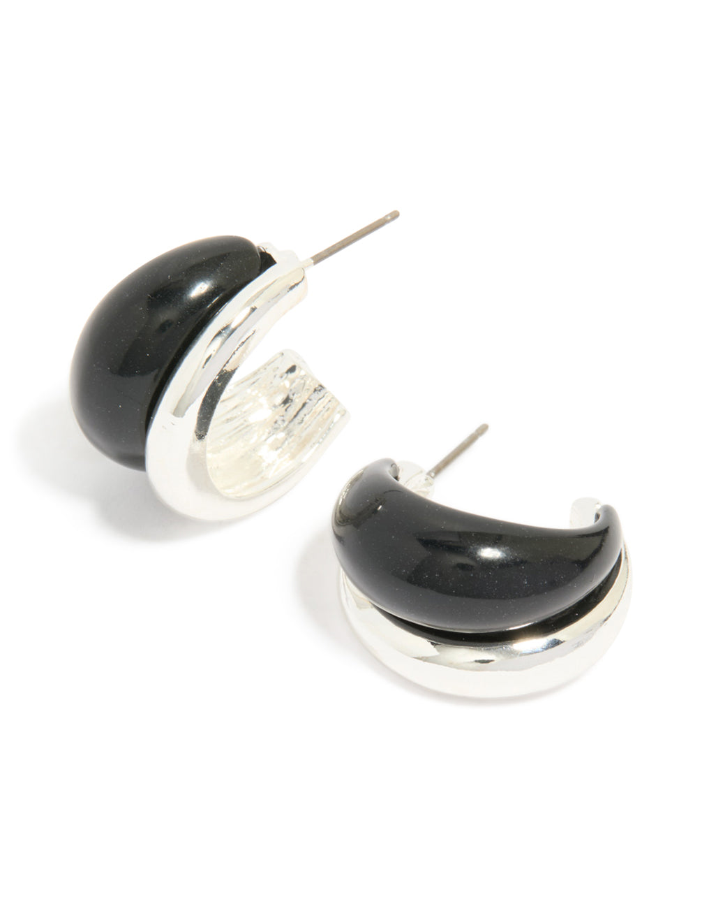 Silver Black Enamel Hoop Earrings