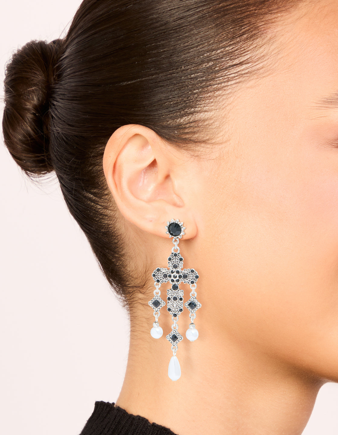 Antique Silver Pearl & Black Stone Textured Cross Drop Earrings