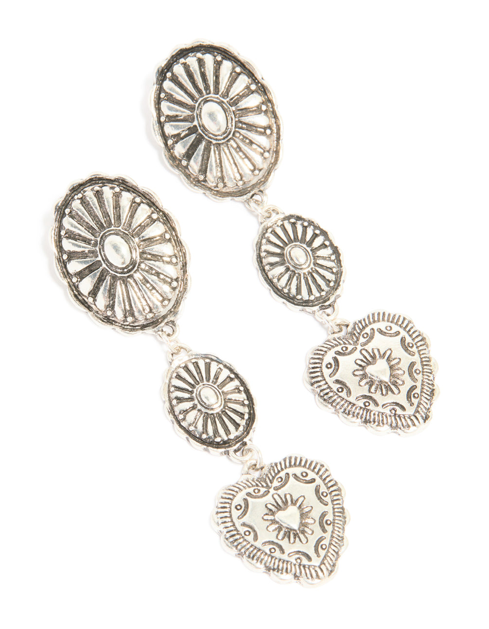 Antique Silver Textured Circle & Heart Drop Earrings