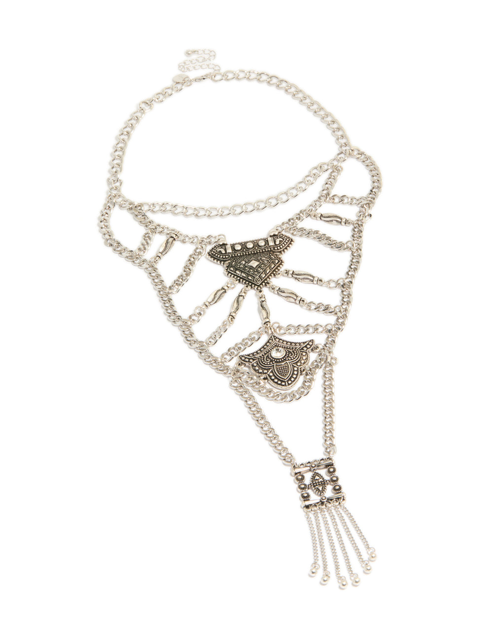 Antique Silver Textured Boho Long Chain Necklace