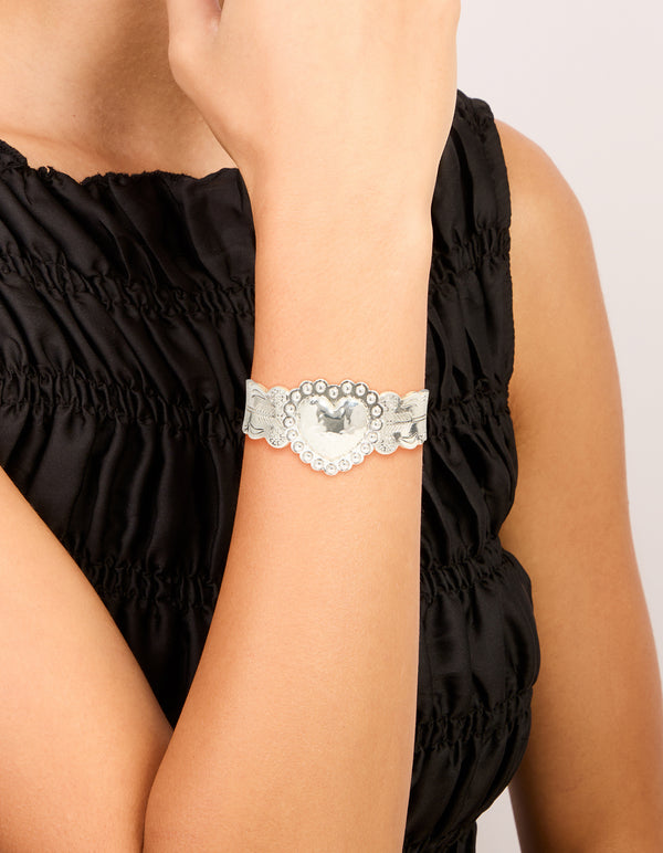 Silver Boho Heart Wrist Cuff