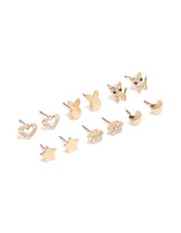 Kids Gold Glitzy Cat & Heart Stud Earrings 6-Pack - link has visual effect only