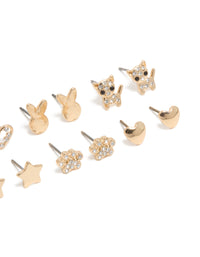 Kids Gold Glitzy Cat & Heart Stud Earrings 6-Pack - link has visual effect only