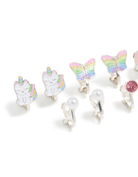 Kids Silver Rainbow Unicorn Cat Clip On Earrings 5-Pack - link has visual effect only