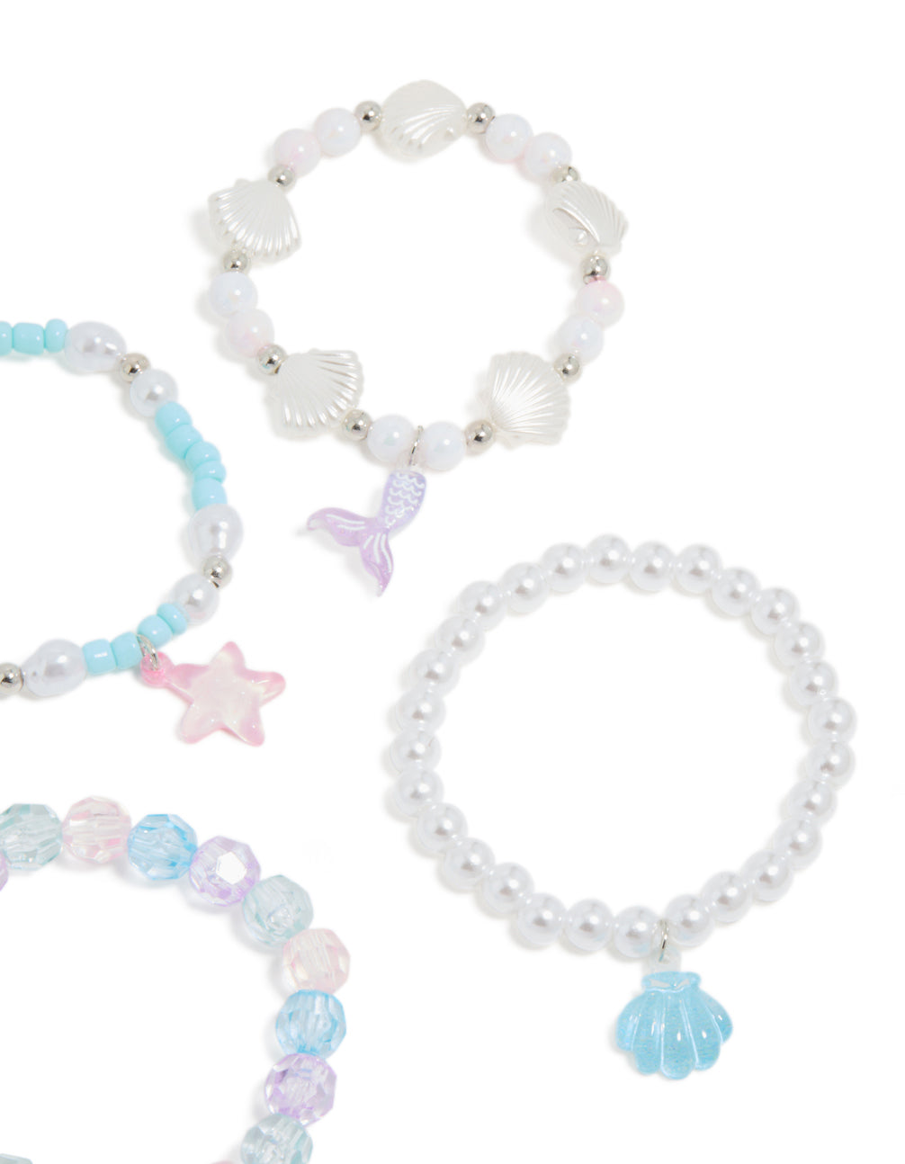 Featuring kids beaded pearl shell stretch bracelets in white light blue lavender and silver with ocean close up view
