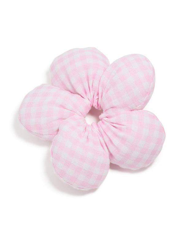 Kids Pink Gingham Fabric Puffy Flower Scrunchie