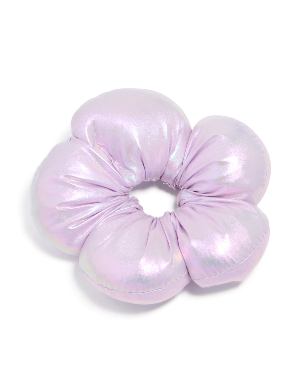Kids Purple Metallic Puffy Fabric Flower Scrunchie