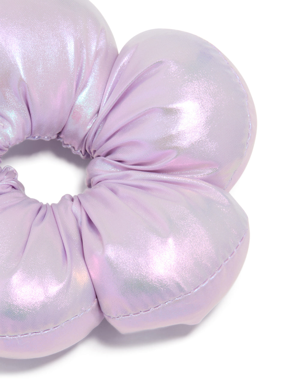 Kids Purple Metallic Puffy Fabric Flower Scrunchie