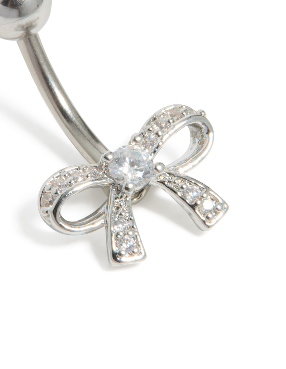 Showcasing a surgical steel belly bar featuring bow design with pavé cubic zirconia close up view