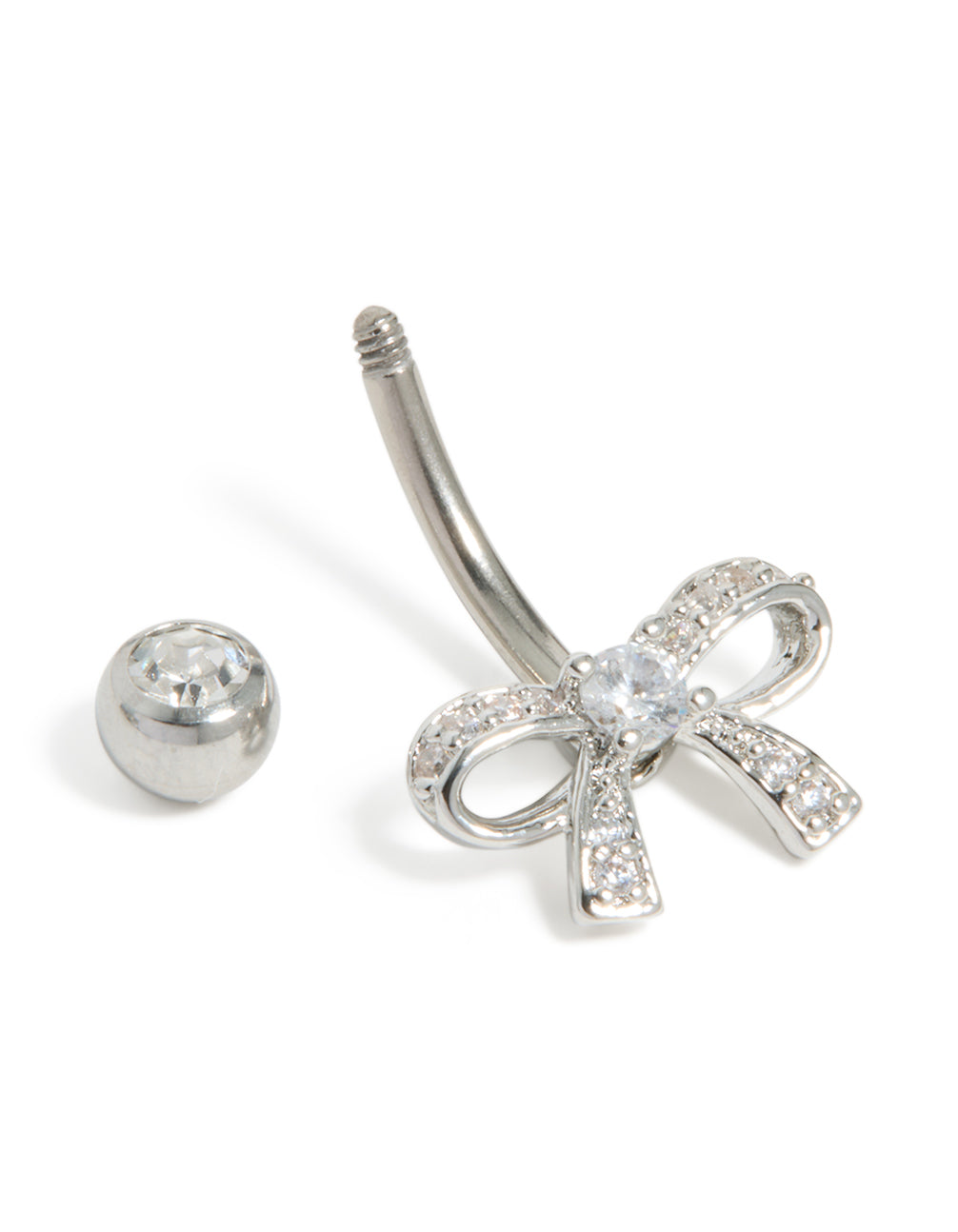 Designed with a surgical steel belly bar featuring a bow detail and cubic zirconia, detail view