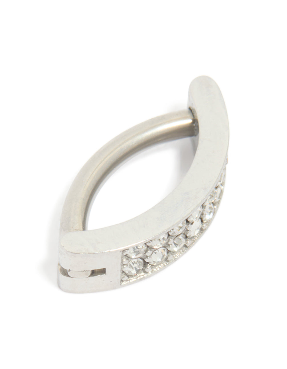 Featuring a surgical steel diamante curved cluster belly ring with silver side view