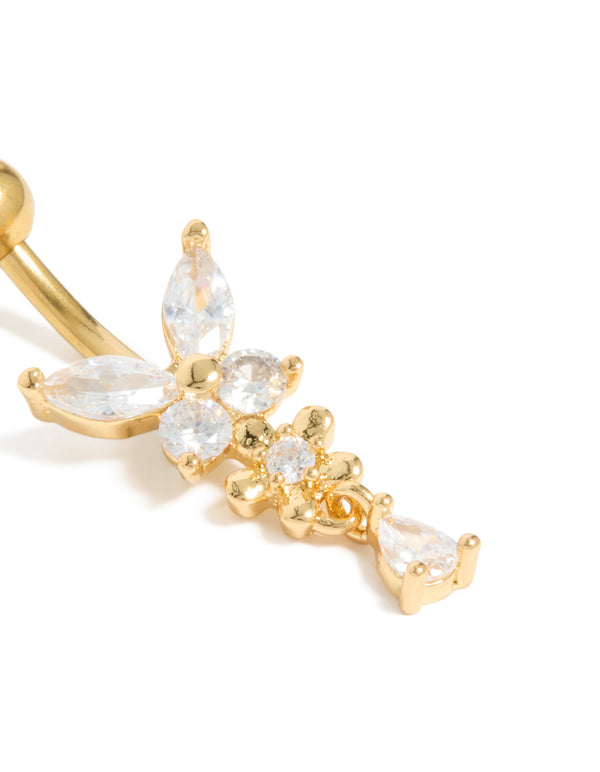 Gold Plated Surgical Steel Cubic Zirconia Butterfly Belly Bar
