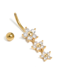 Gold Plated Surgical Steel Cubic Zirconia 3 Flower Drop Belly Bar - link has visual effect only