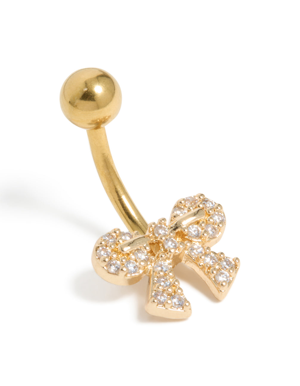 Showcasing a bow belly bar with cubic zirconia pavé, crafted from gold plated surgical steel design front view