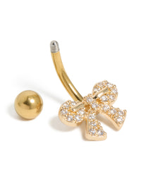 Featuring a bow belly bar with cubic zirconia pavé, crafted from gold plated surgical steel detail view - link has visual effect only