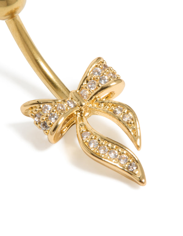 Gold Plated Surgical Steel Cubic Zirconia Long Pavé Bow Belly Bar