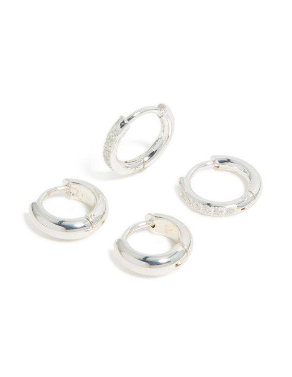 Waterproof Stainless Steel Pave & Plain Huggie Earrings 2-Pack
