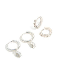Waterproof Stainless Steel Bezel Diamante & Plain Huggie Earrings 2-Pack - link has visual effect only