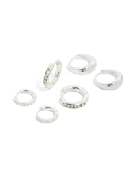 Waterproof Stainless Steel Basic, Pavé & Plain Huggie Earrings 3-Pack - link has visual effect only
