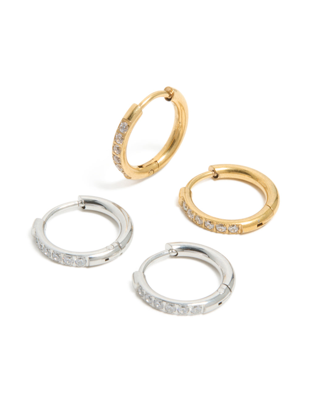 Waterproof Stainless Steel Mixed Metal Thin Pavé Huggie Earrings 2-Pack