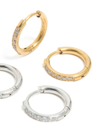 Waterproof Stainless Steel Mixed Metal Thin Pavé Huggie Earrings 2-Pack - link has visual effect only