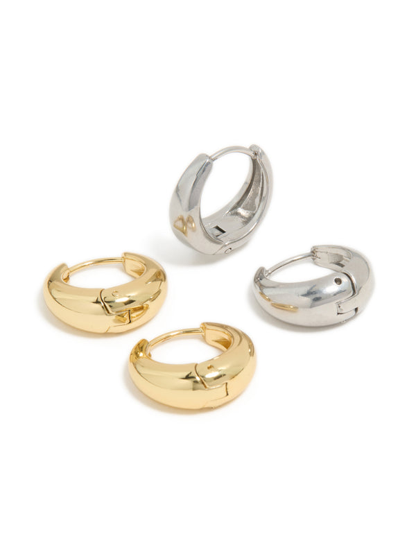 Waterproof Mixed Metal Plated Stainless Steel Tapered Mini Huggie Earrings 2-Pack