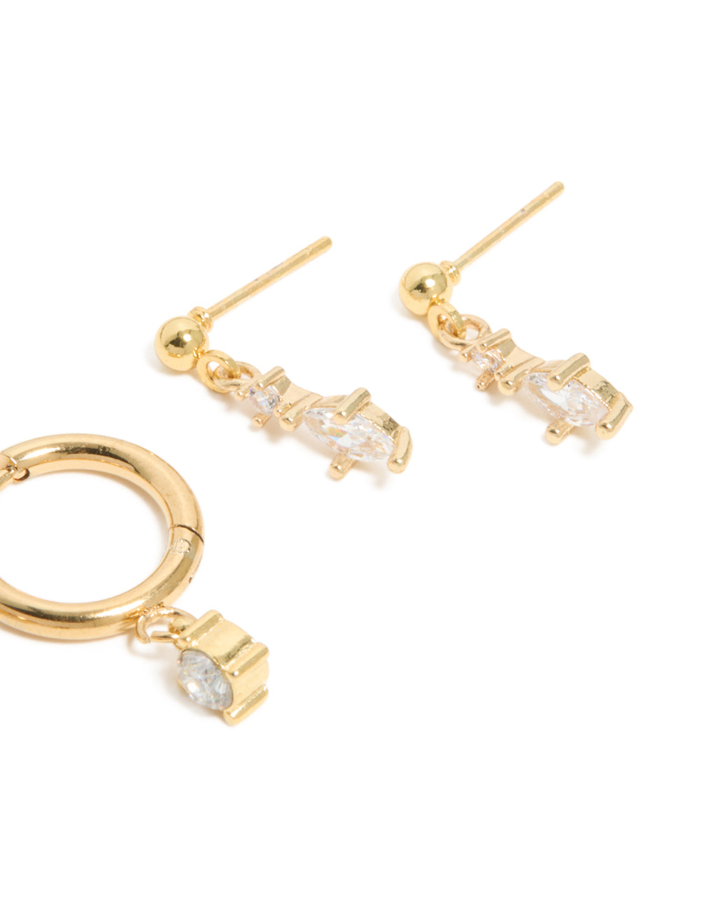Highlighting these waterproof gold plated stainless steel cubic zirconia huggie and drop earrings in a 2-pack with crystal post detail view