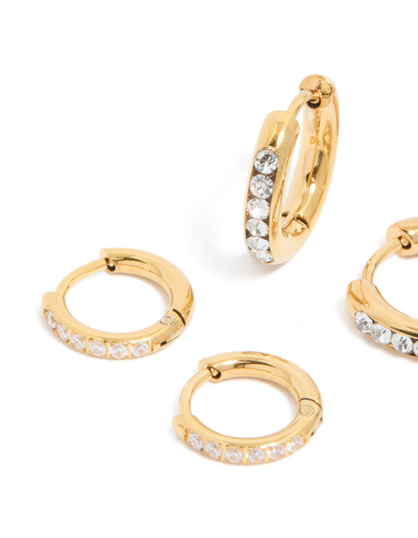 Waterproof Gold Plated Stainless Steel Pavé  & Plain Huggies Earrings 3-Pack