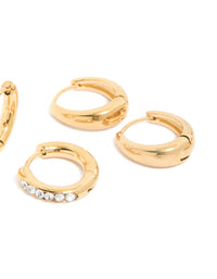Waterproof Gold Plated Stainless Steel Pavé  & Plain Huggies Earrings 3-Pack - link has visual effect only