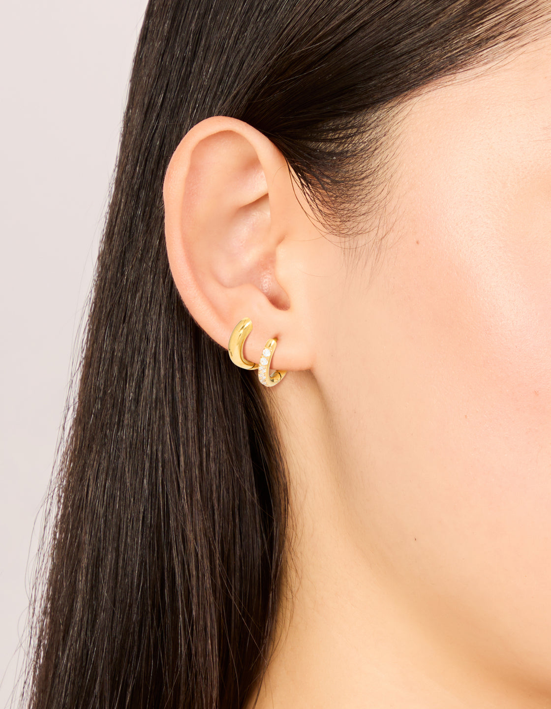 Waterproof Gold Plated Stainless Steel  Cubic Zirconia Pavé & Plain Huggie Earrings 2-Pack