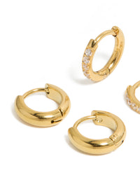 Waterproof Gold Plated Stainless Steel  Cubic Zirconia Pavé & Plain Huggie Earrings 2-Pack - link has visual effect only
