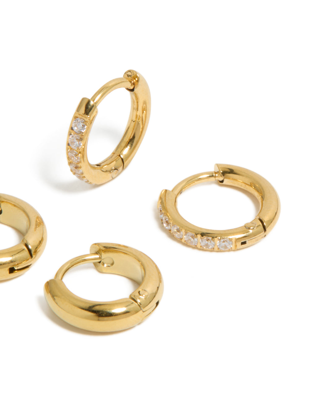 Waterproof Gold Plated Stainless Steel  Cubic Zirconia Pavé & Plain Huggie Earrings 2-Pack