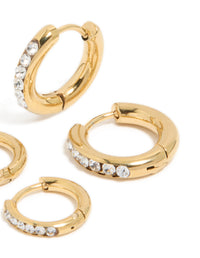 Waterproof Gold Plated Stainless Steel Cubic Zirconia Huggie Earrings 2-Pack - link has visual effect only