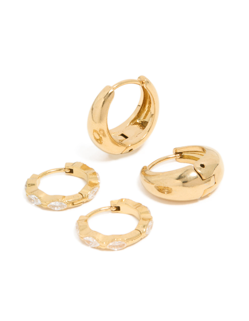 Discover waterproof gold plated stainless steel chunky oval cubic zirconia clicker earrings 2-pack featuring huggie closure in front view