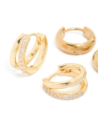 Waterproof Gold Plated Stainless Steel Chubby & Diamante Huggie Earrings 2-Pack - link has visual effect only
