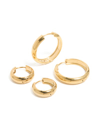 Waterproof Gold Plated Stainless Steel Thick Small & Large Hoop Earrings 2-Pack - link has visual effect only