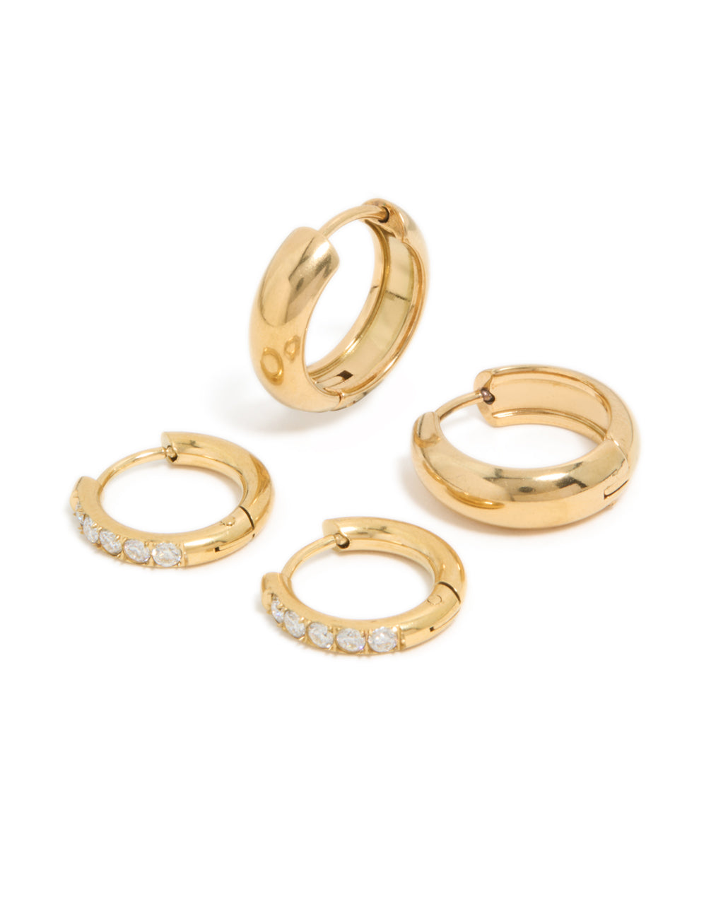 Waterproof Gold Plated Stainless Steel Cubic Zirconia Chubby Huggie Earrings 2-Pack