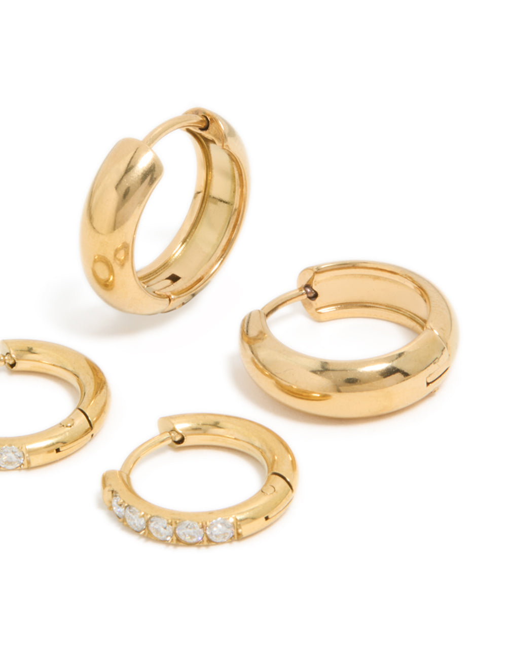 Waterproof Gold Plated Stainless Steel Cubic Zirconia Chubby Huggie Earrings 2-Pack