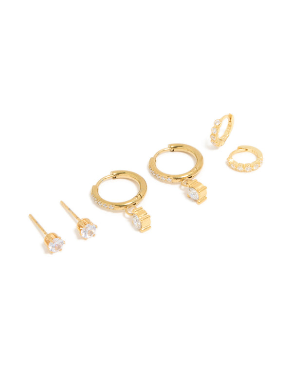 Waterproof Gold Plated Stainless Steel Cubic Zirconia Stud & Huggie  Earrings 3-Pack