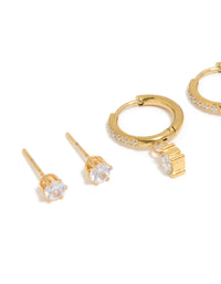 Waterproof Gold Plated Stainless Steel Cubic Zirconia Stud & Huggie  Earrings 3-Pack - link has visual effect only