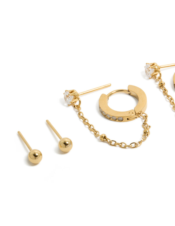 Waterproof Gold Plated Stainless Steel Studs & Chain Earrings 4-Pack