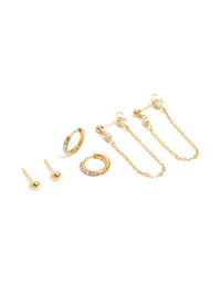 Waterproof Gold Plated Stainless Steel Bezel Stud & Chain Earrings 3-Pack - link has visual effect only