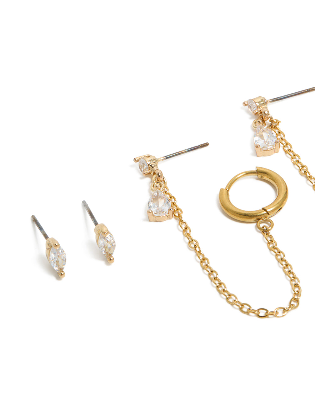 Waterproof Gold Plated Stainless Steel Mixed Cubic Zirconia Stud Earrings 2-Pack